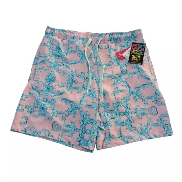 Surf Society Drawstring Lined Pink/Turq Geometric Swim Board SHORTS SIZE Large - Picture 1 of 2